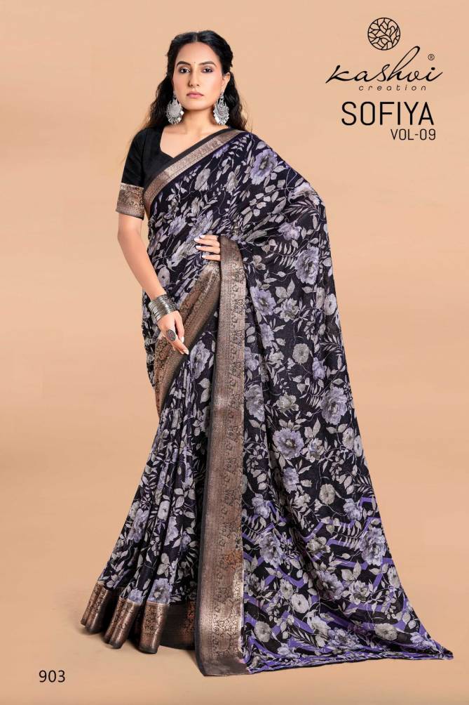 Sofiya Vol 9 By Kashvi Moss Zari Border Printed Saree Wholesale Shop In Surat